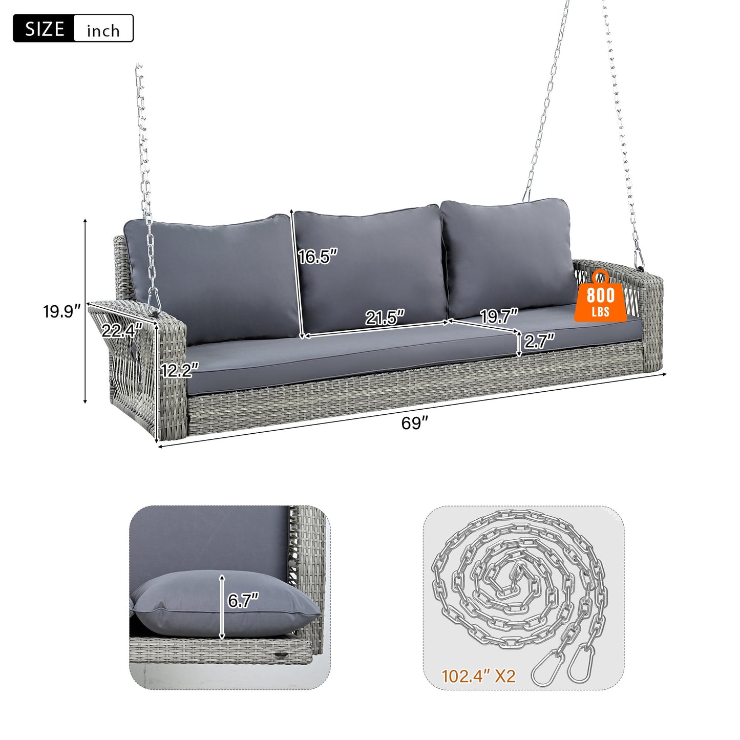 GO 69" PE Wicker 3-Person Porch Swing