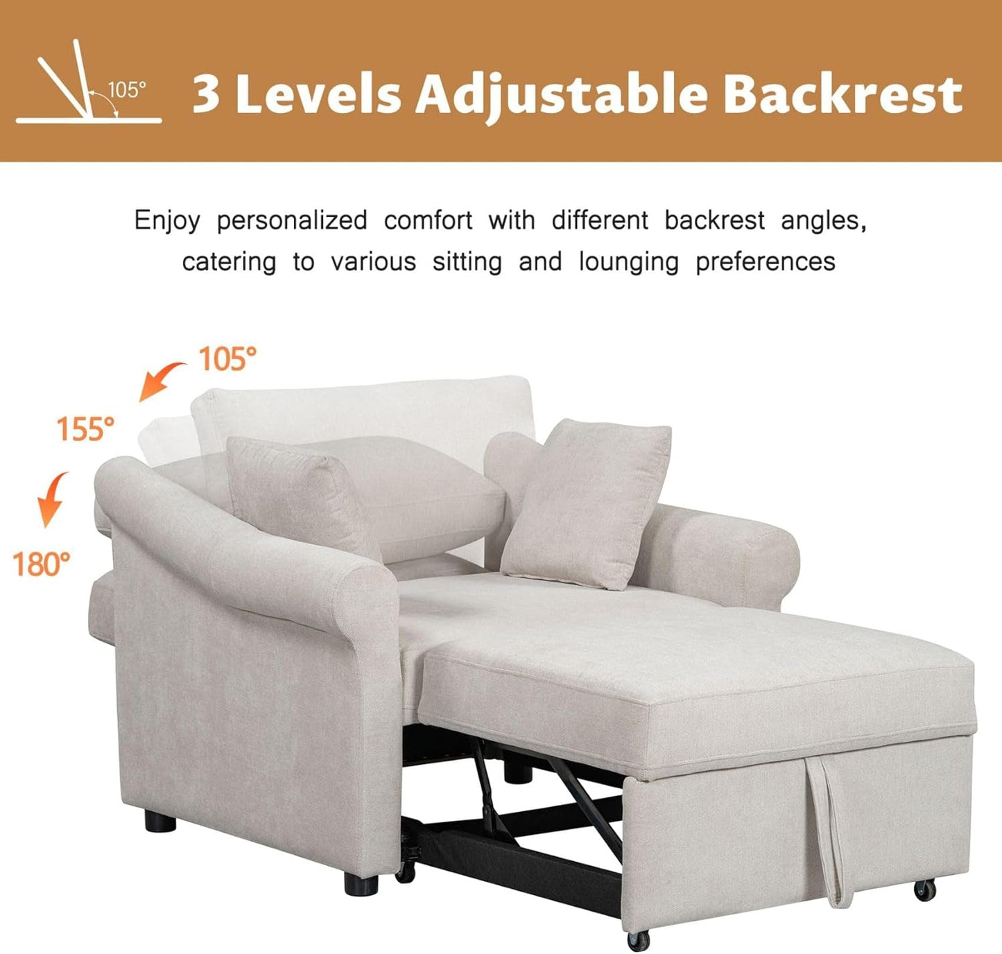 Chenille Convertible Sleeper Chair With Backrest Beige