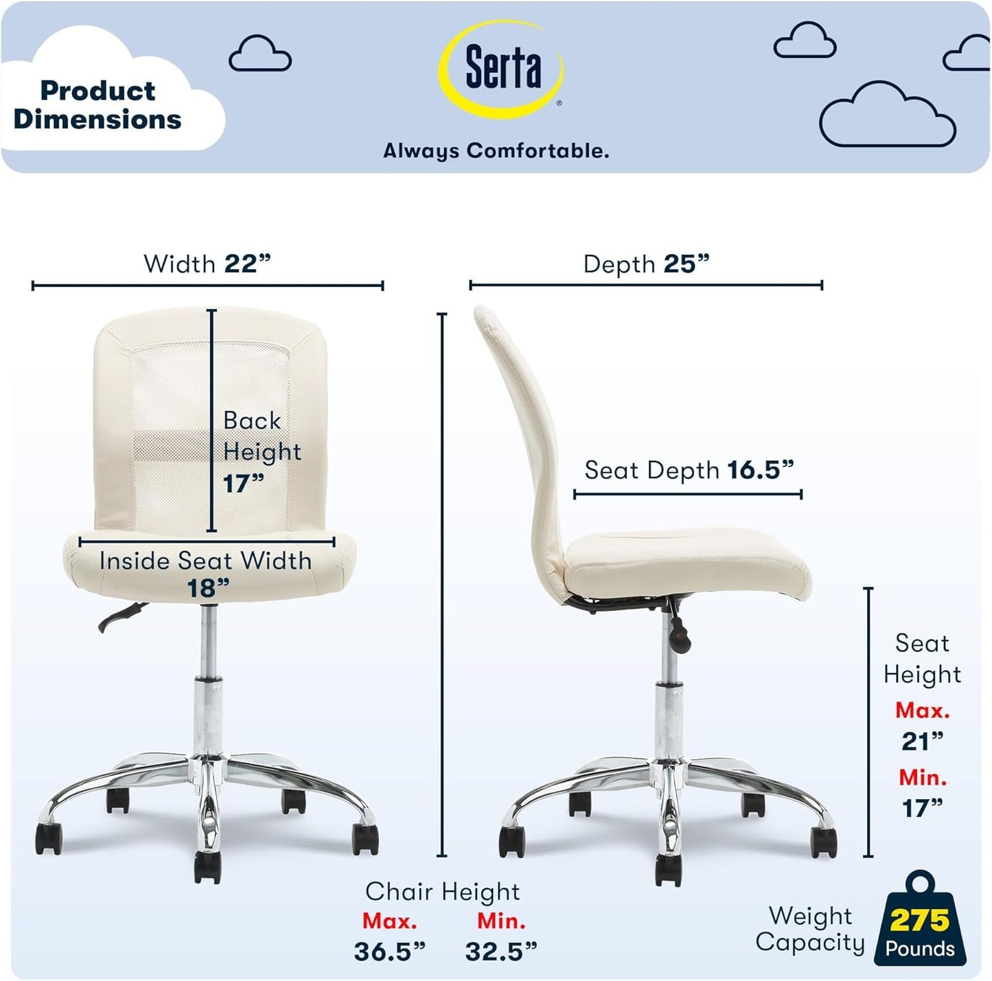 Armless Desk Chair With Mesh Back And Wheels Cream White