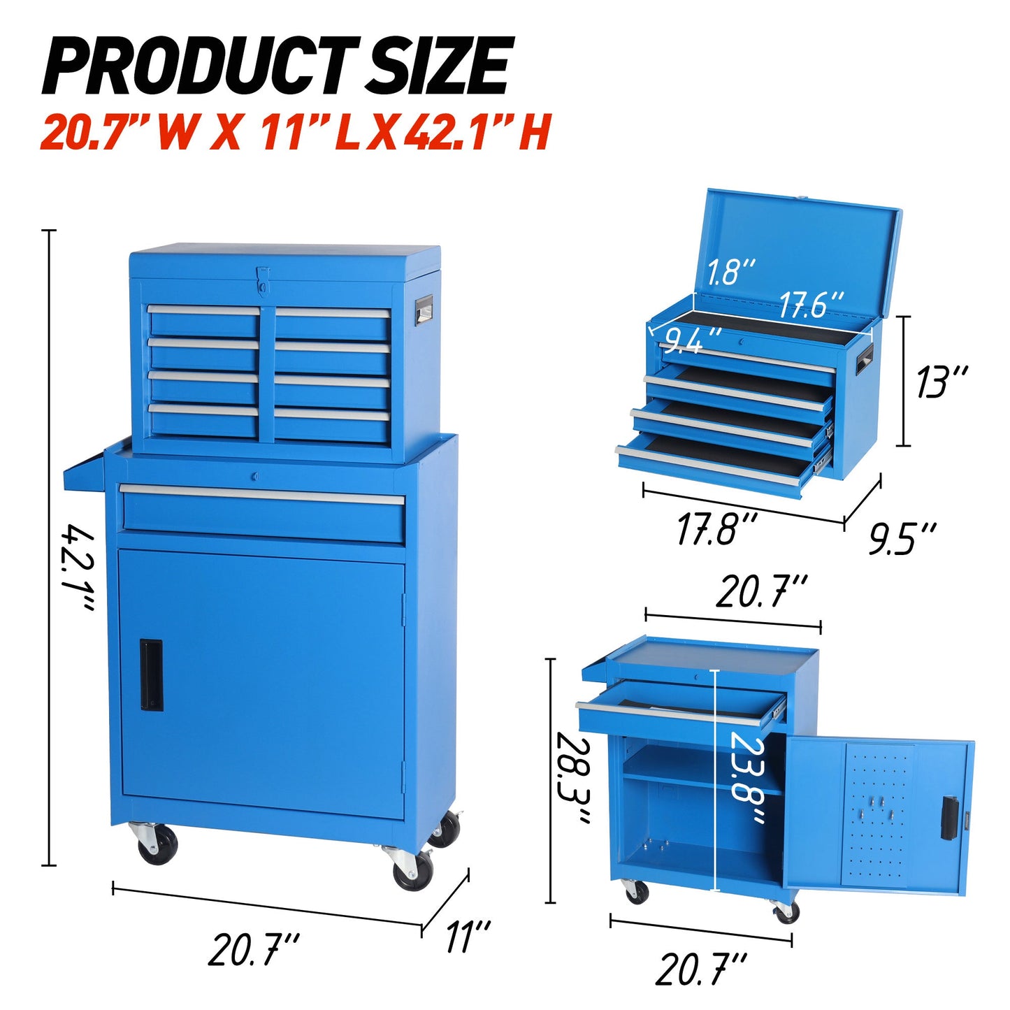 Tool Chest, 5-Drawer Rolling Tool Storage Cabinet with Detachable Top Tool Box, Liner, Universal Lockable Wheels, Adjustable Shelf, Locking Mechanism, Metal Tool Cart for Garage Workshop