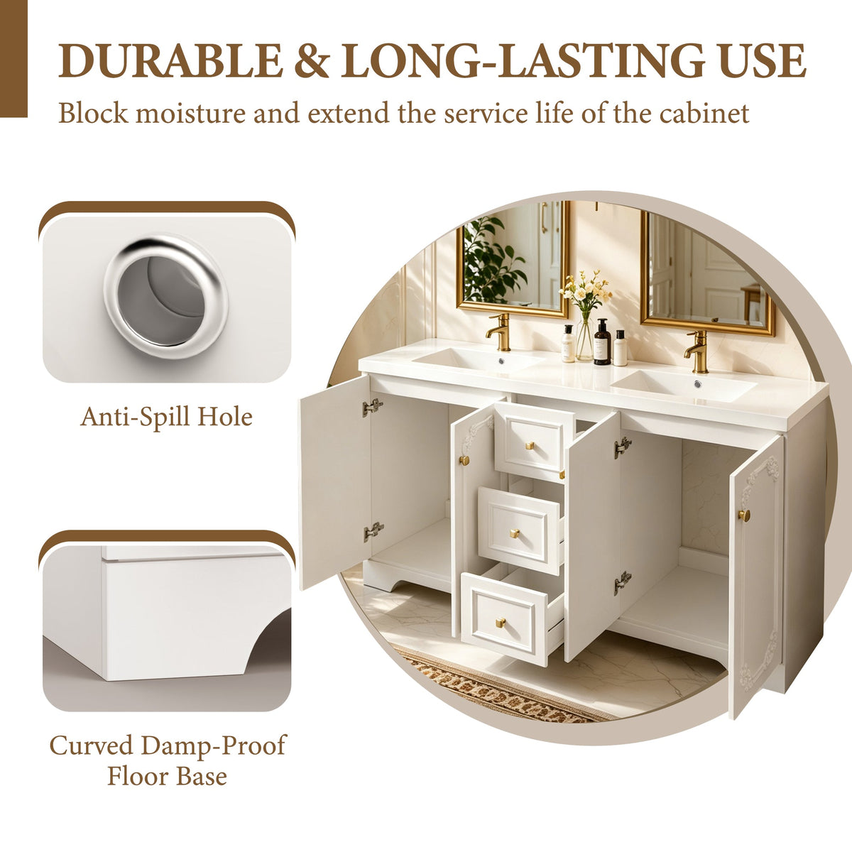 60" White French-Style Bathroom Vanity Cabinet