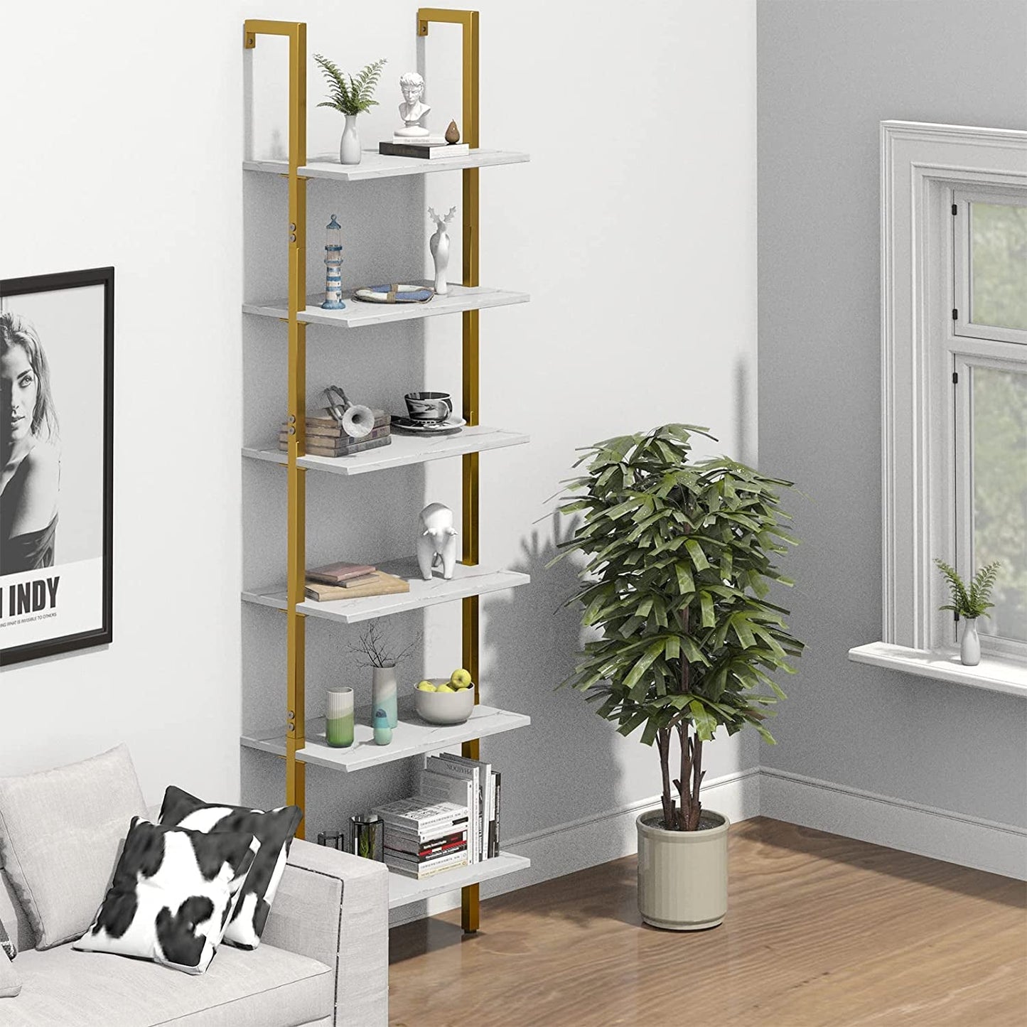 Marble White 6 Tier Ladder Shelf Bookcase Wall Mounted