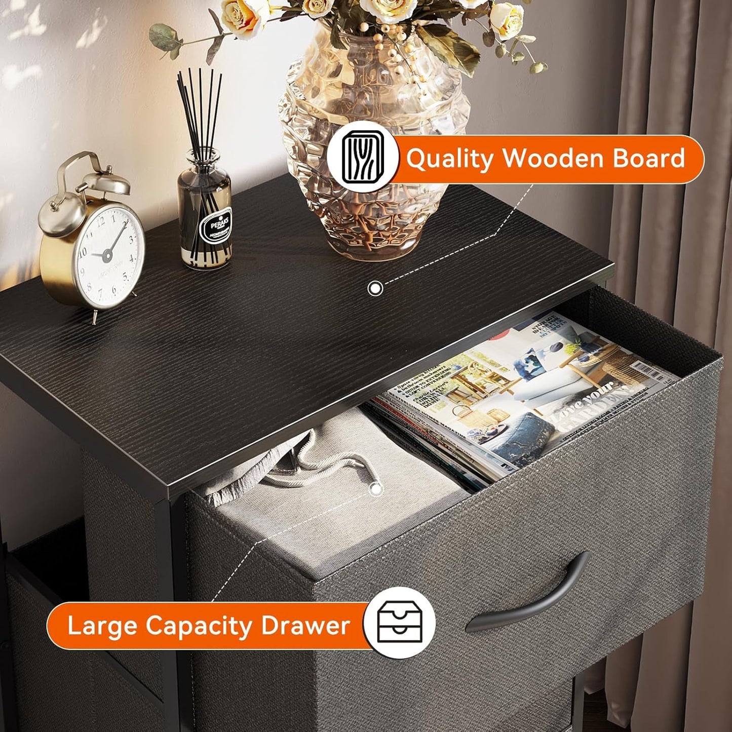 Dark Grey Dresser Nightstand With 3 Drawers Space Saver
