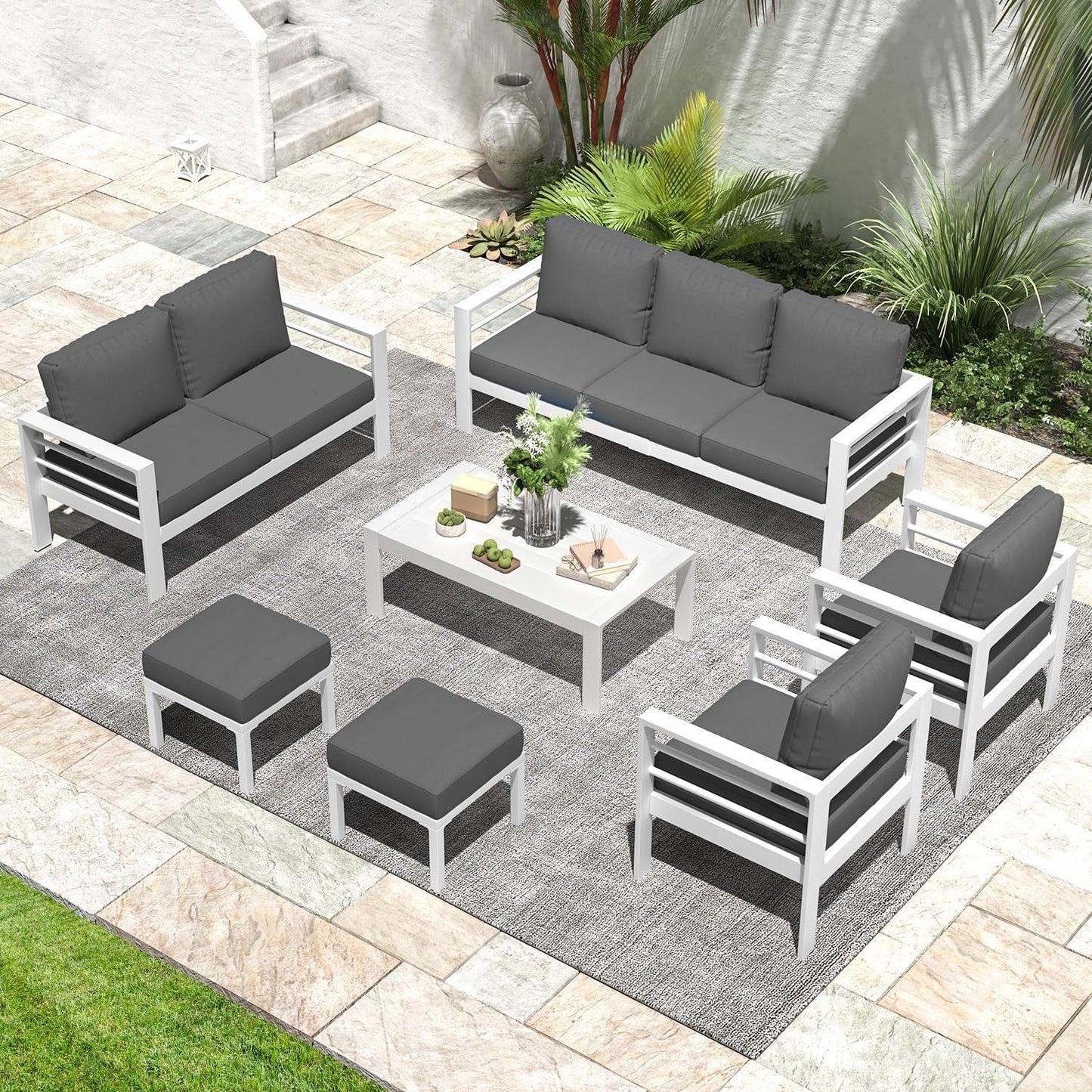 Modern Aluminum Patio Furniture Set with Cushions and Table