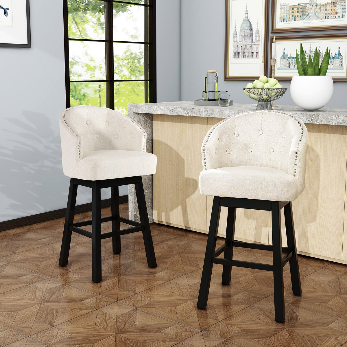 360 Degree Swivel Bar Stool with Stunning Nailhead Trim, Set of 2