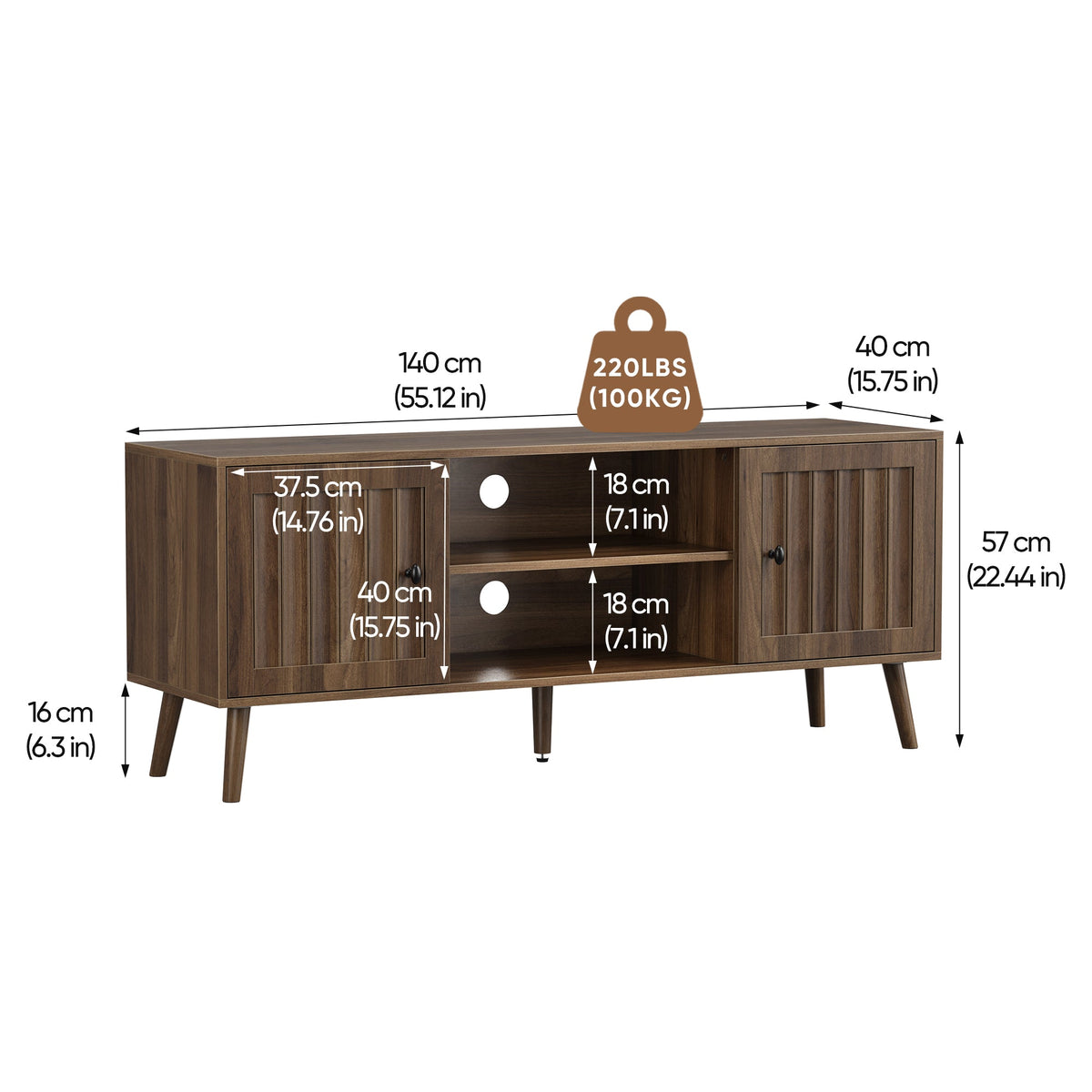 55-Inch Wooden TV Cabinet with 2 Vertical Groove Doors