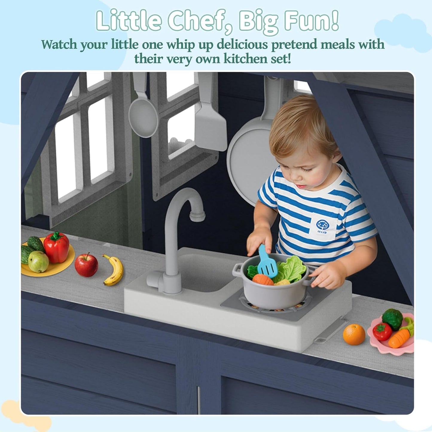 Blue Outdoor Kids Playhouse With Kitchen Doorbell Panel