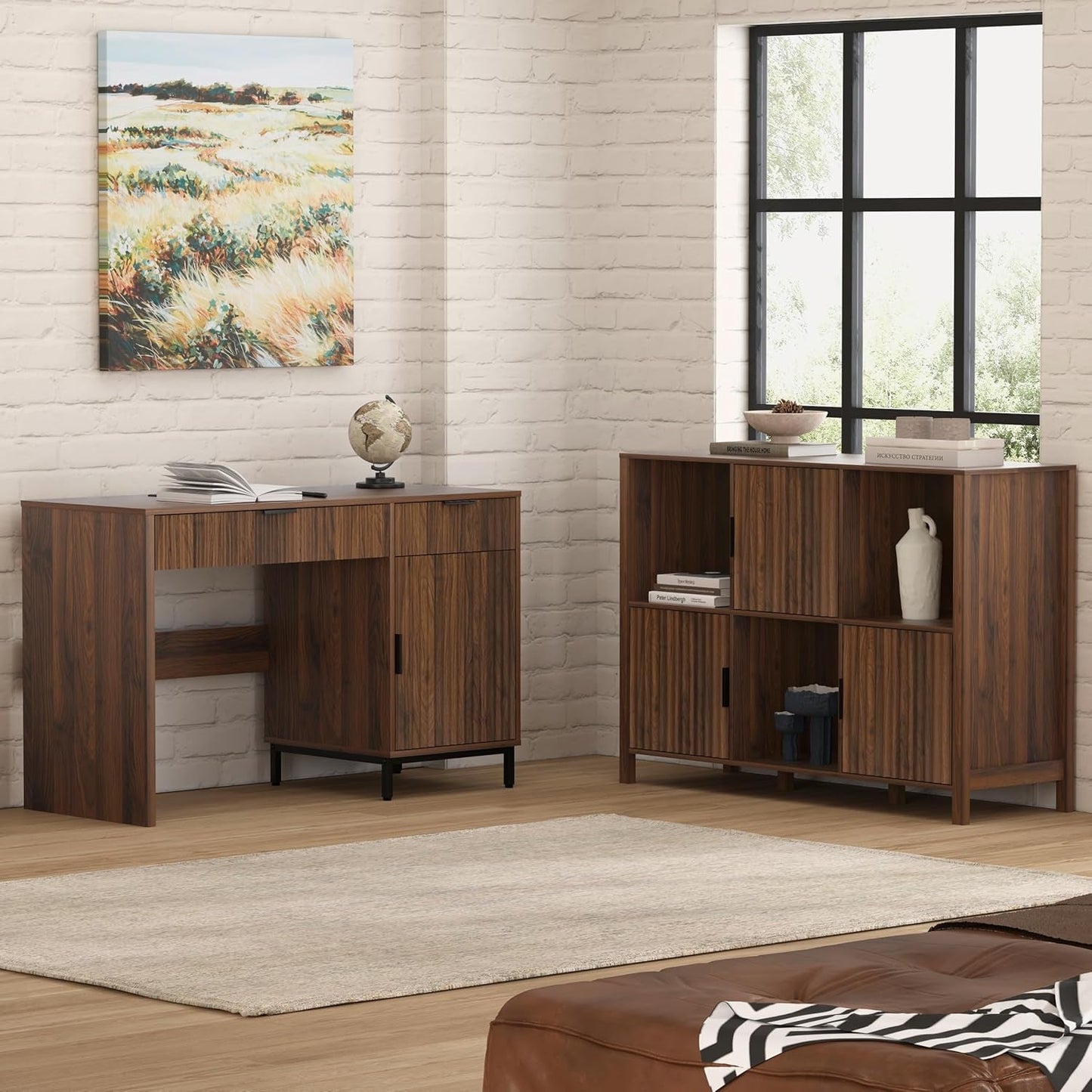 Brown 47 Inch Fluted Executive Desk Charging Station