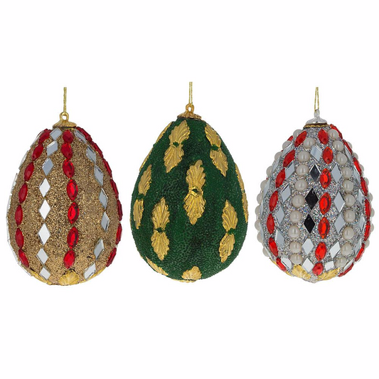 Set of 3 Mirrored and Golden Metal Leaf Wooden Egg Ornaments 3 Inches
