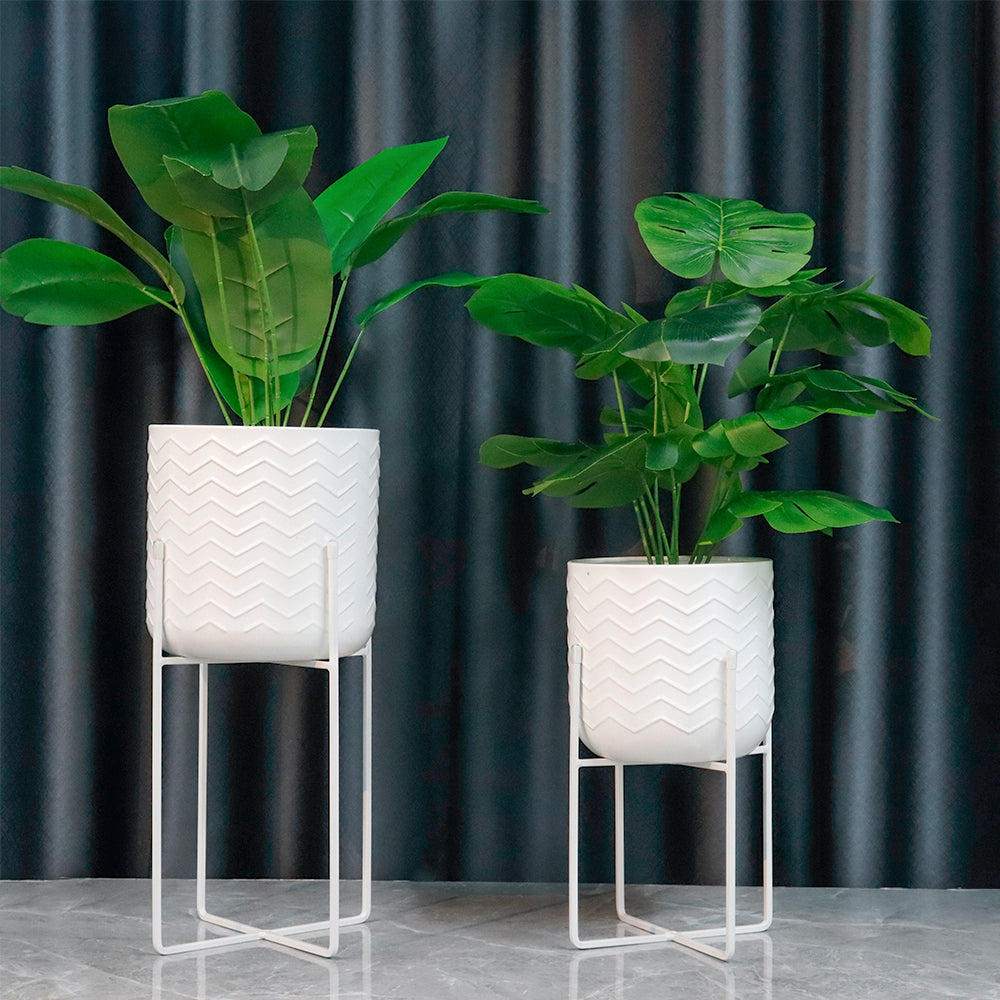 Set of 2 Planters With Stand 17&12" Tall Flower Pots Bright White showcasing greenery on modern stands