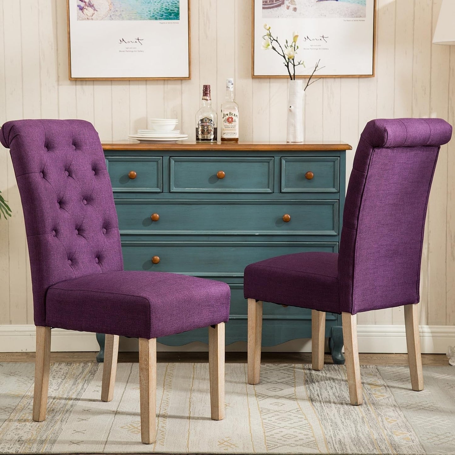 Solid Wood Purple Tufted Parsons Dining Chair Set of 2