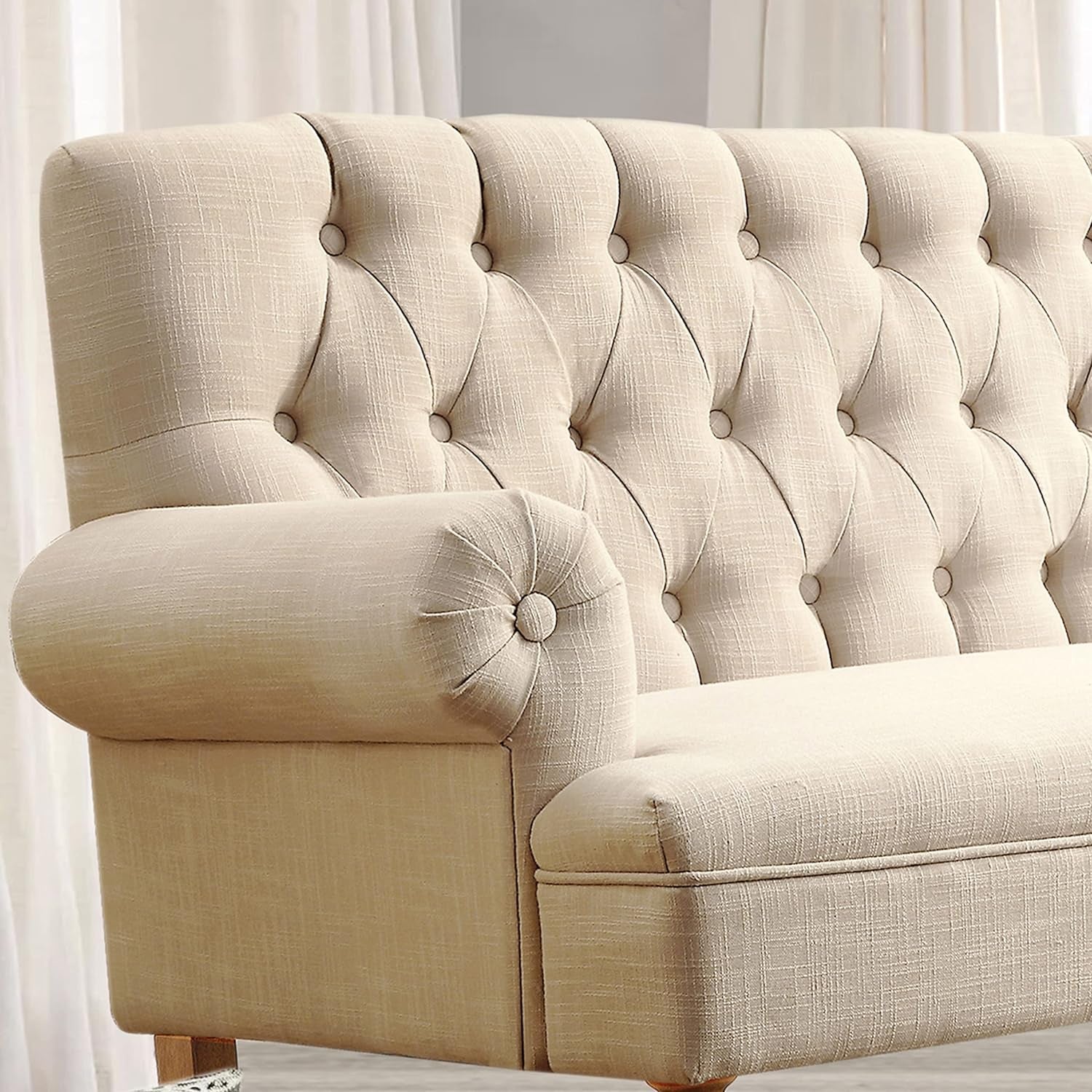 Beige Linen Loveseat Sofa With Sinuous Spring Support featuring tufted buttons and plush armrests for comfortable seating.