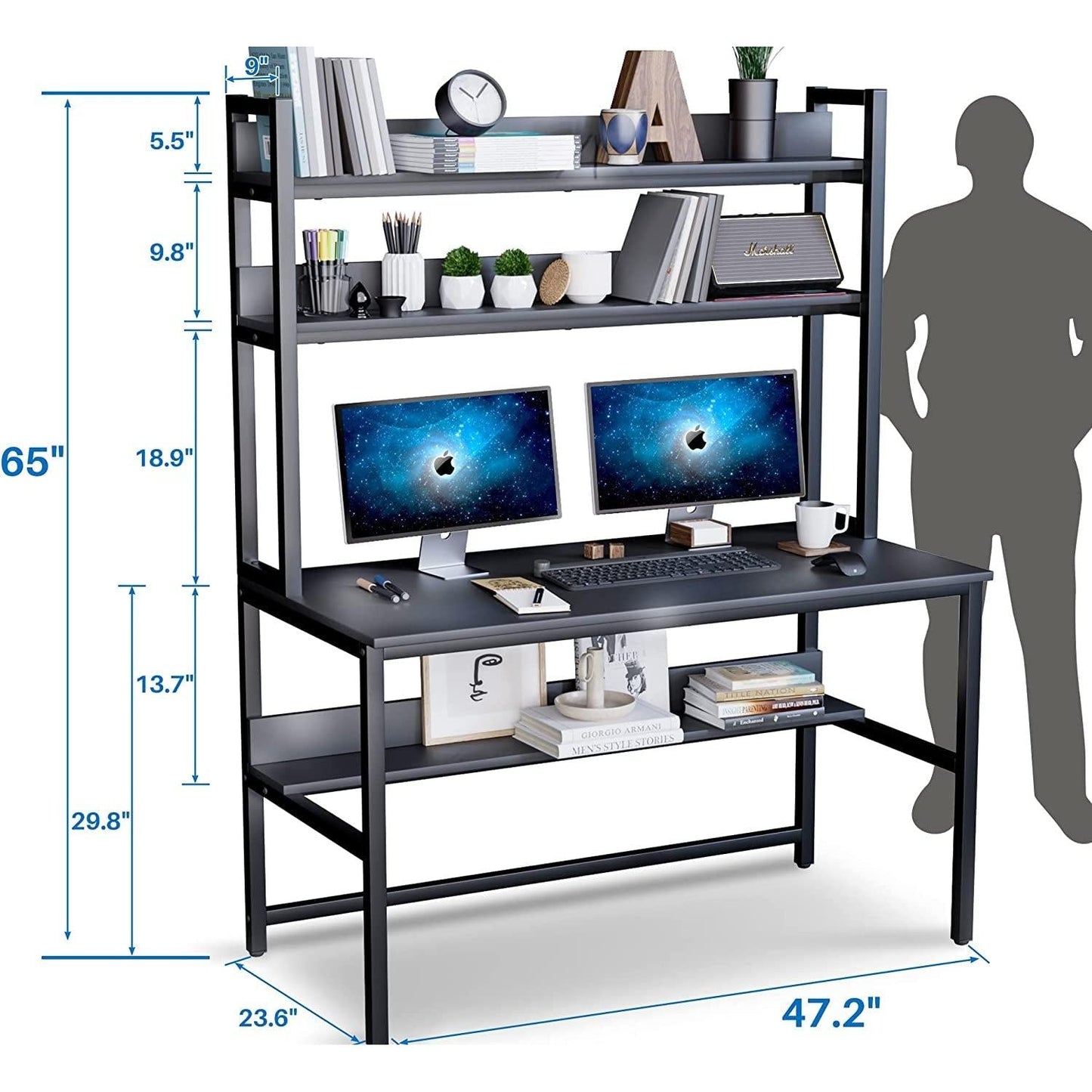 Black Computer Desk With Hutch And Bookshelf Extra Large Desktop