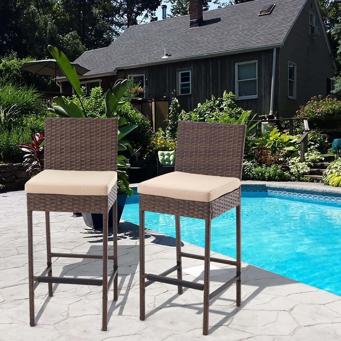 Outdoor Rattan Bar Stools Set with Cushions Comfort