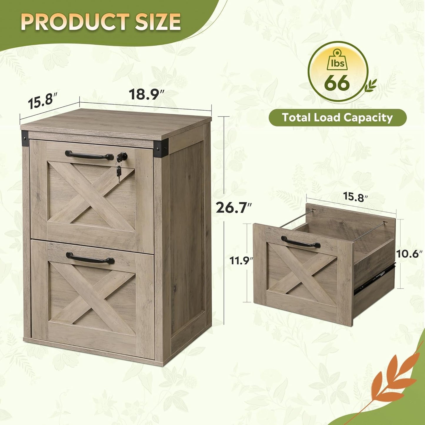 2 Drawer File Cabinet With Lock Gray Oak Farmhouse Home Office Printer Stand Fits Letter A4