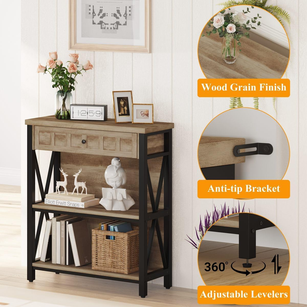 Rustic Oak 3 Tier Bookshelf With Drawer Industrial Wood And Metal Bookcase