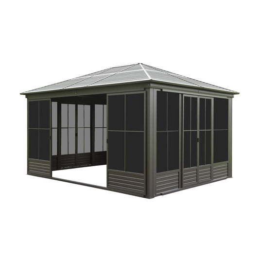 [12X14FT] Premium All-Weather Outdoor Aluminum Sunroom With Galvanized Steel Hardtop Sloping Roof, Lockable Doors, And Moveable PC Screens (SAK76831)