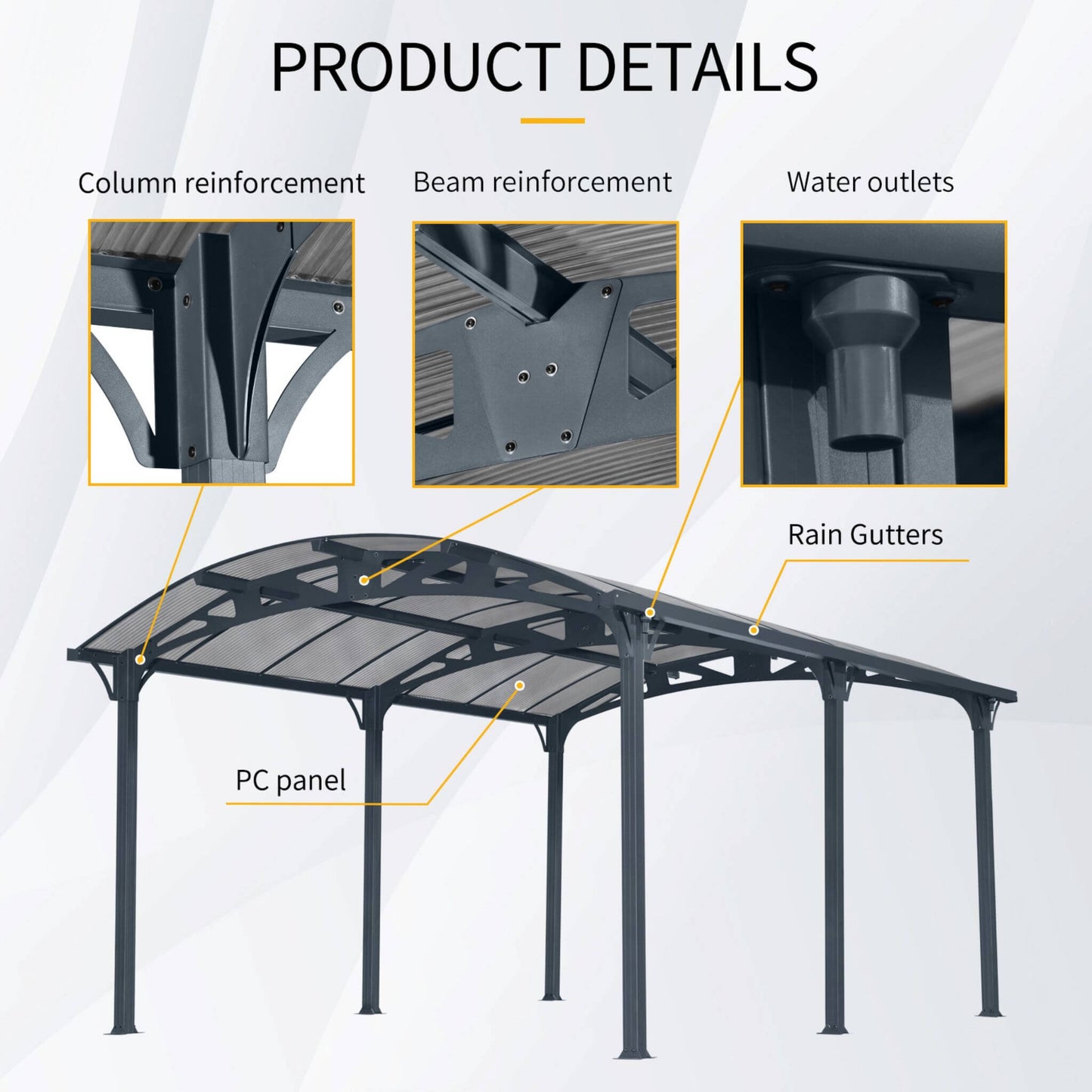 [12X16FT] Large Outdoor Aluminum Arch Carport With Polycarbonate Panels (SAK65820)