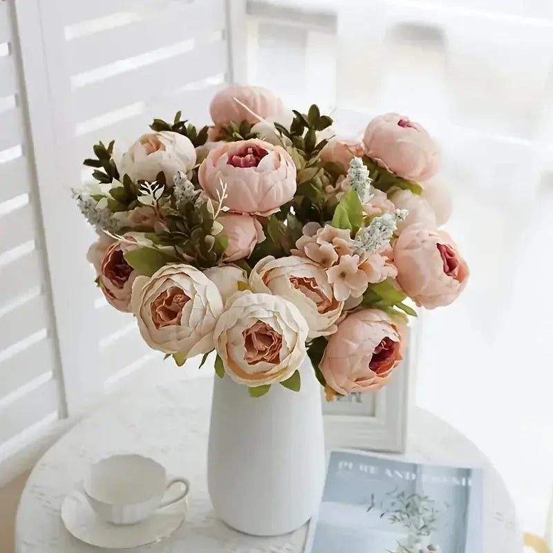 13 Branches Realistic Peony Silk Flower Bouquet Champagne