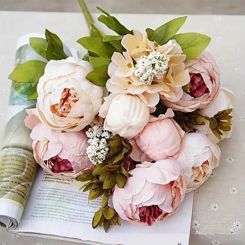 13 Branches Realistic Peony Silk Flower Bouquet Champagne