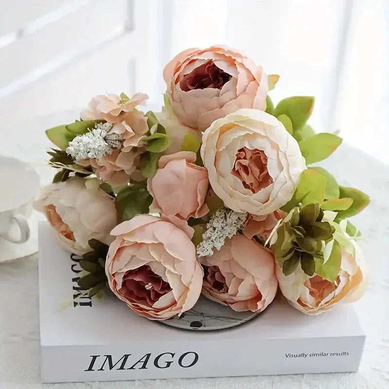 13 Branches Realistic Peony Silk Flower Bouquet Champagne