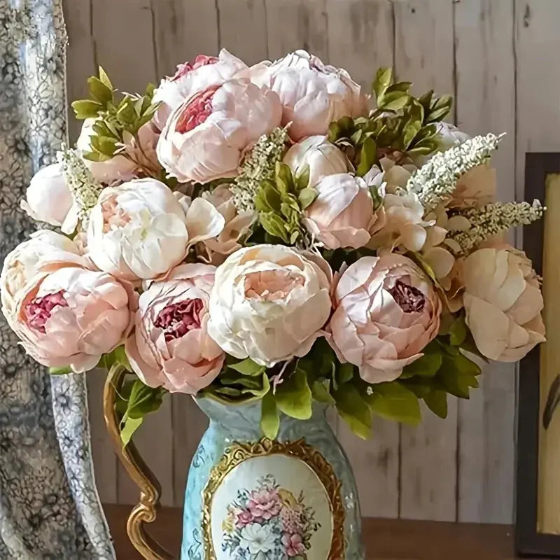 13 Branches Realistic Peony Silk Flower Bouquet Champagne