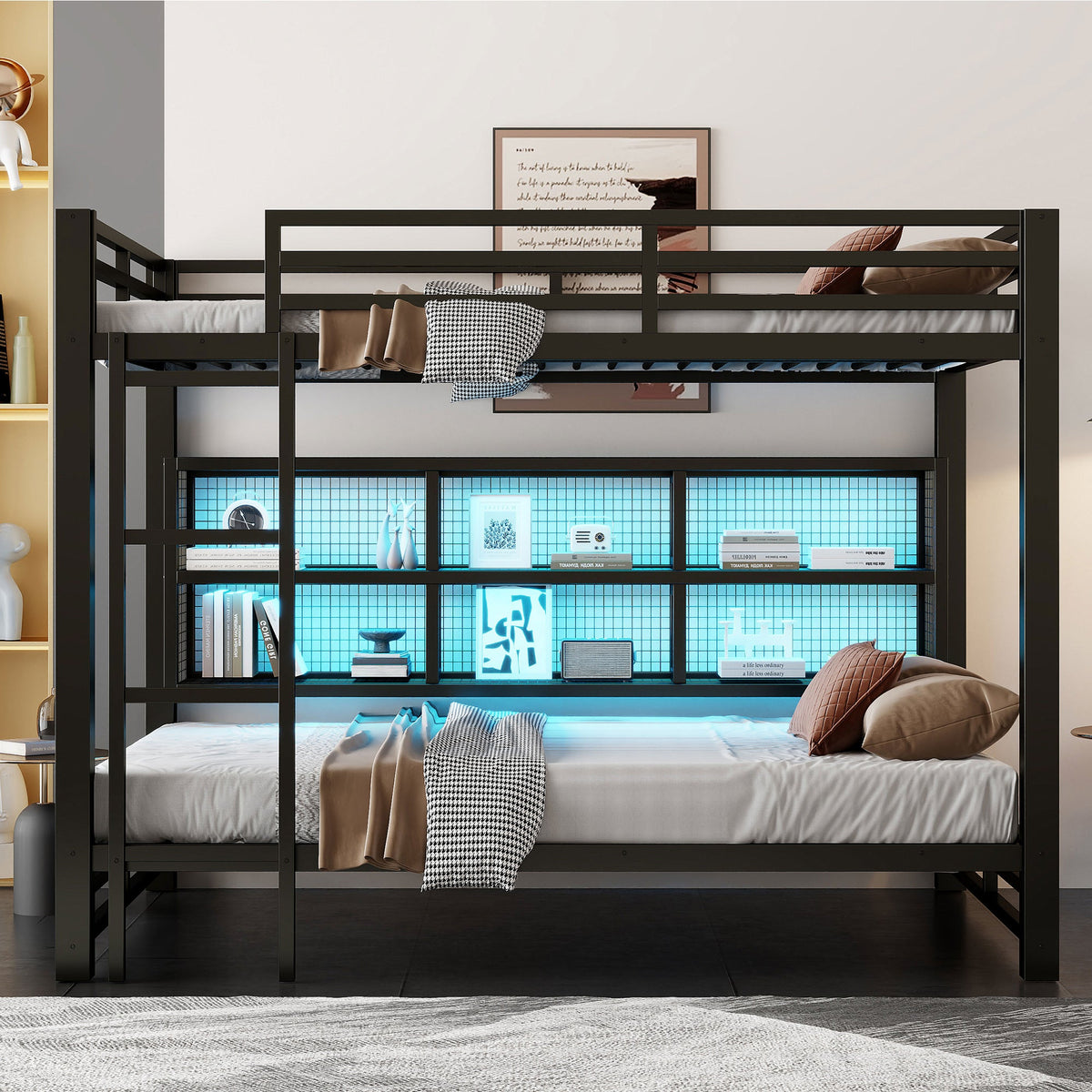 Metal Queen Over Queen Bunk Bed with Storage Cabinets and LED