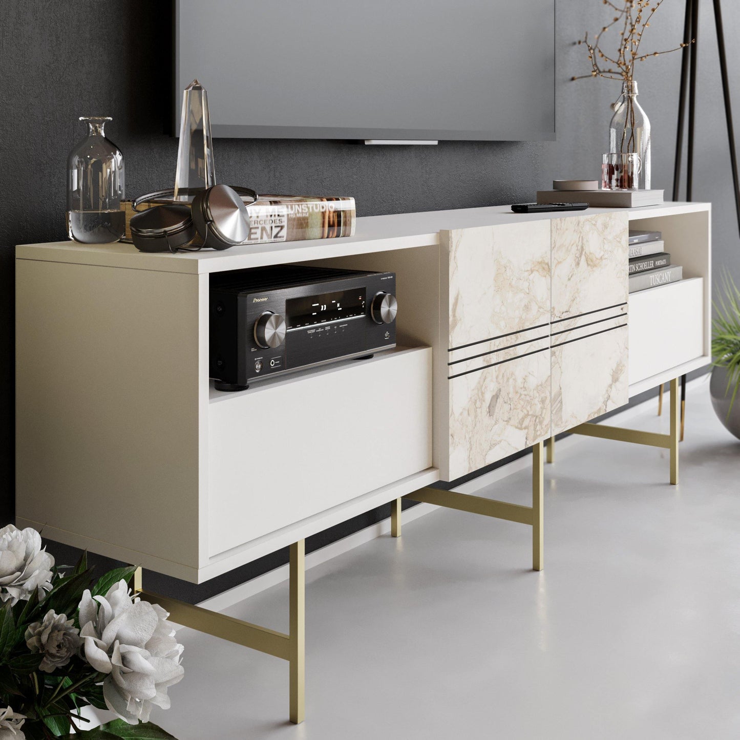 Derin 71" Media Console and TV Stand with Cabinets and Shelves for TVs up to 80"