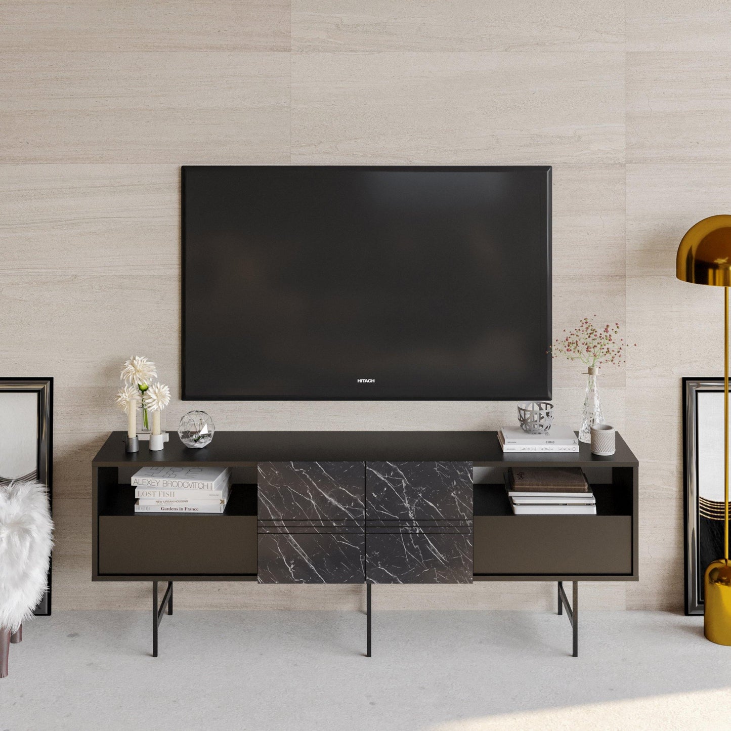 Derin 71" Media Console and TV Stand with Cabinets and Shelves for TVs up to 80"