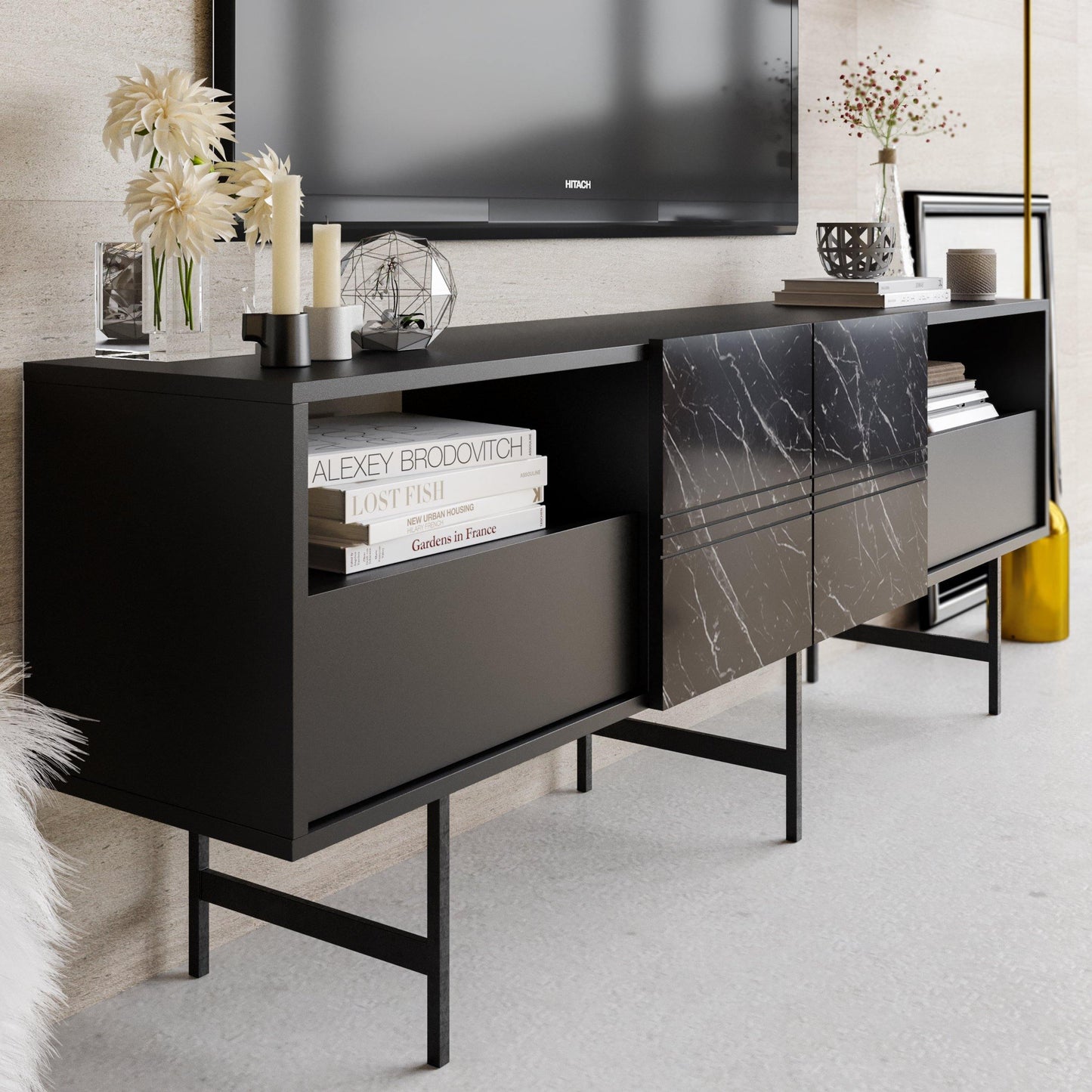 Derin 71" Media Console and TV Stand with Cabinets and Shelves for TVs up to 80"