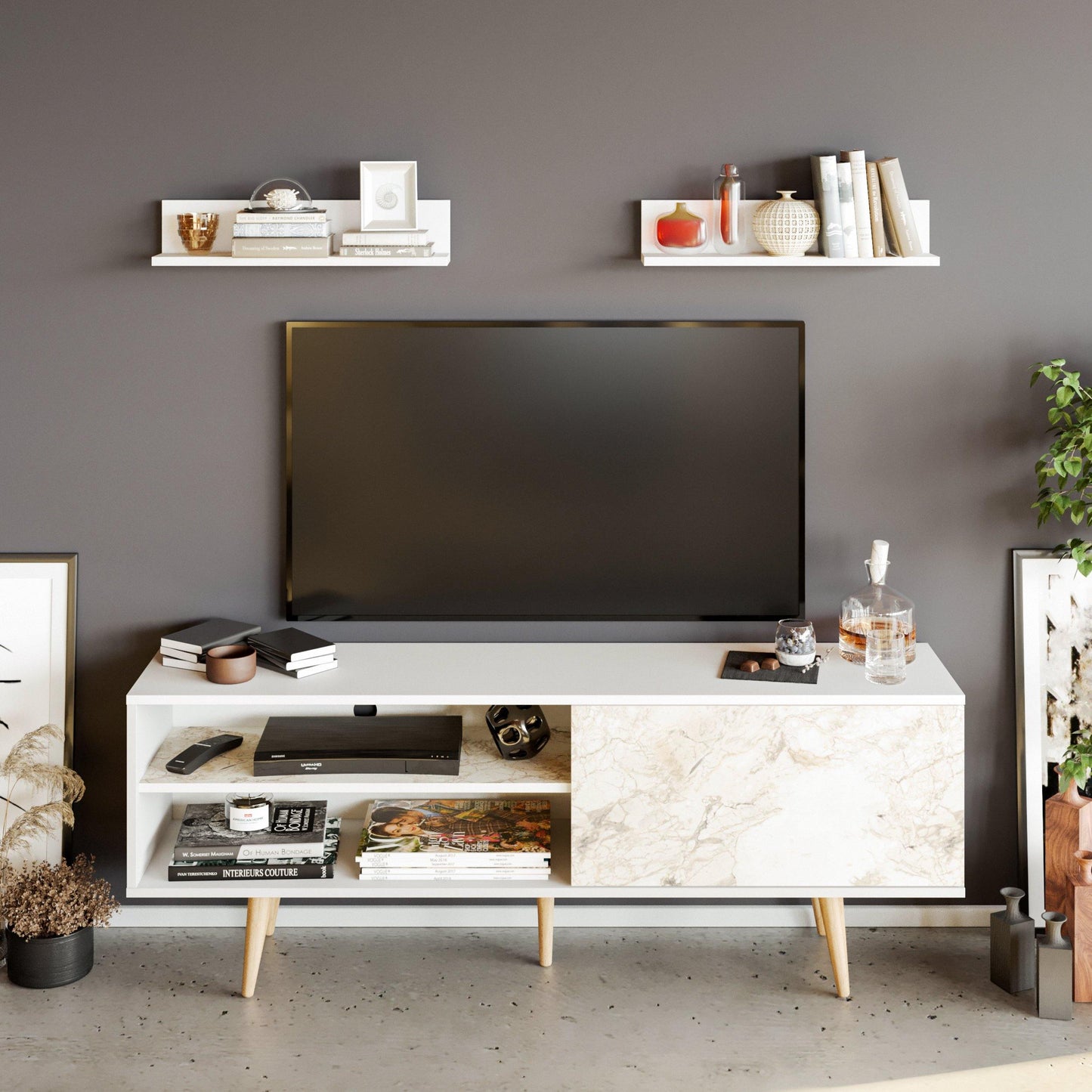 Pi 63" Wide TV Stand with Wall Shelves for TVs up to 72"