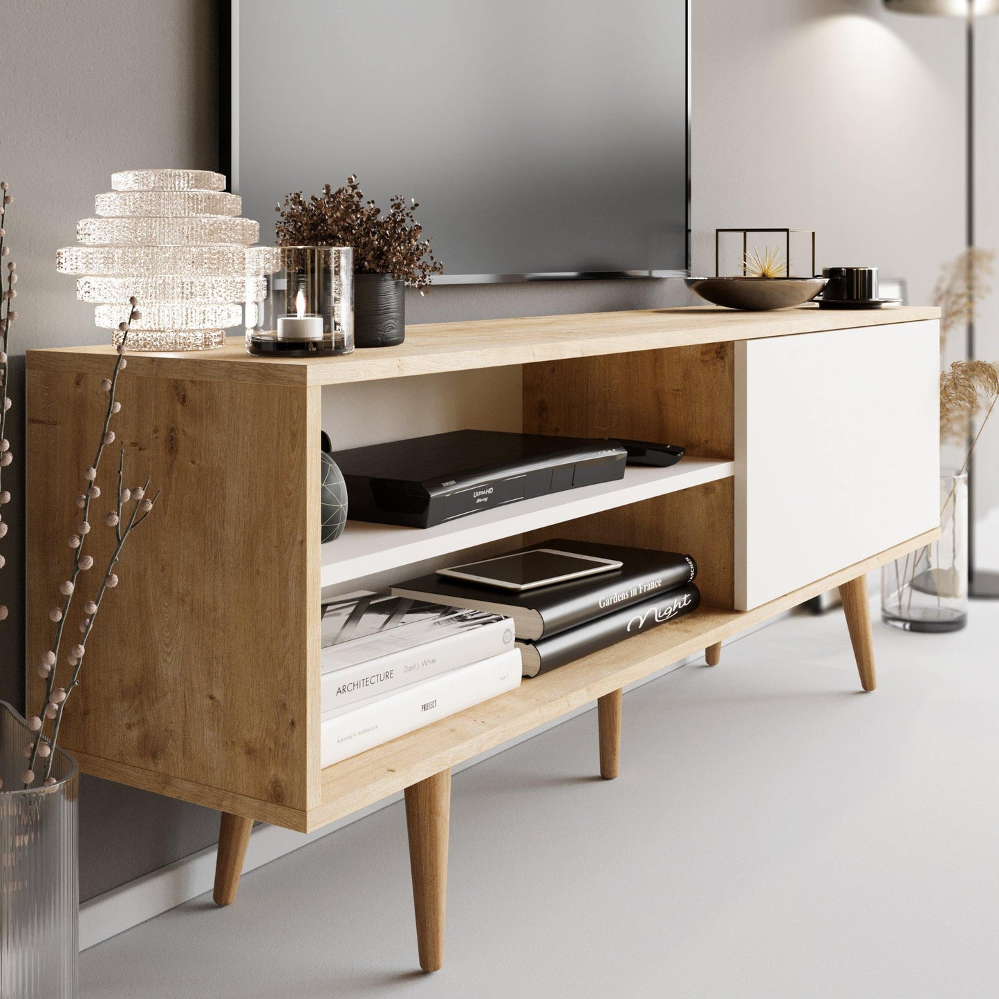Pi 63" Wide TV Stand with Wall Shelves for TVs up to 72"