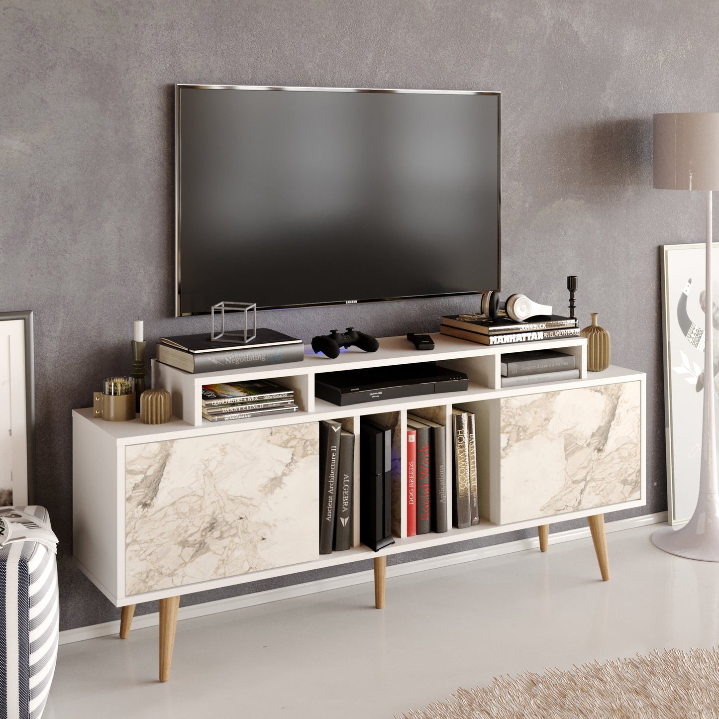 Char 63" TV Stand and Media Console with Cabinets and Shelves for TVs up to 72"