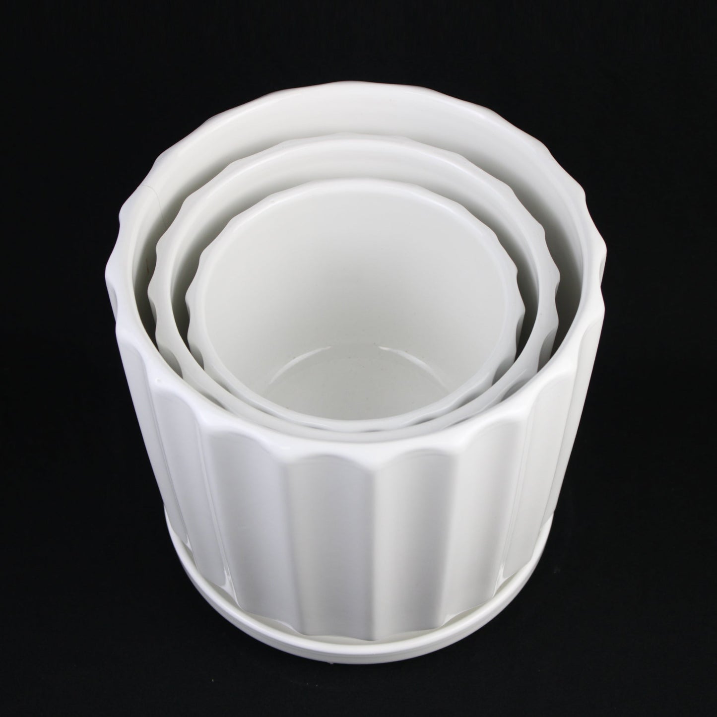 3-Piece White Ceramic Planter Pot Set with Fluted Design & Saucers