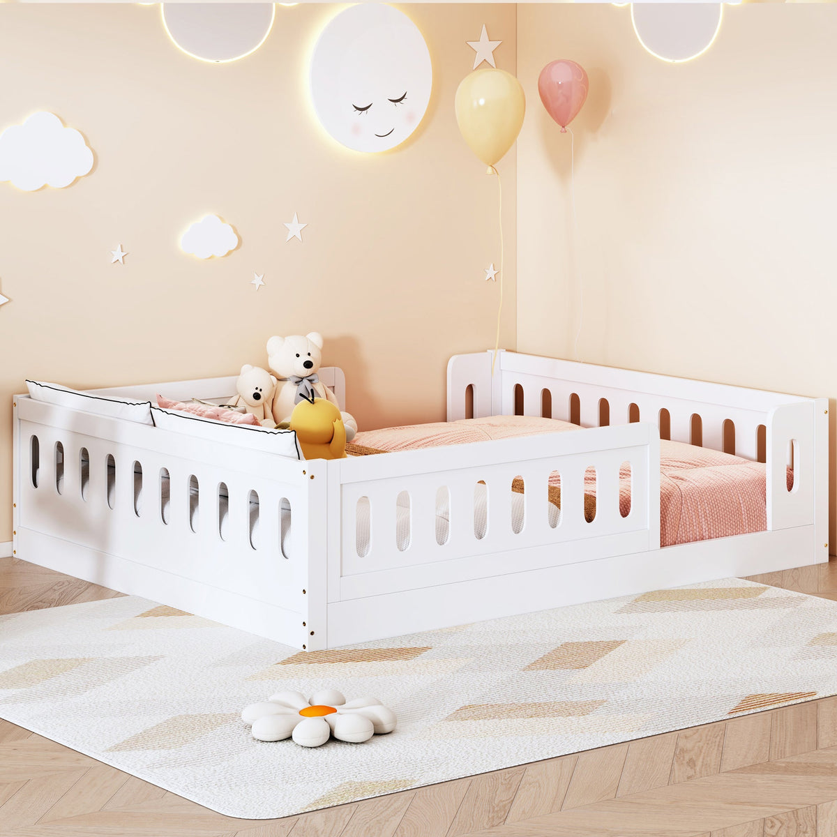 Wood Full Size Platform Bed with Guardrail