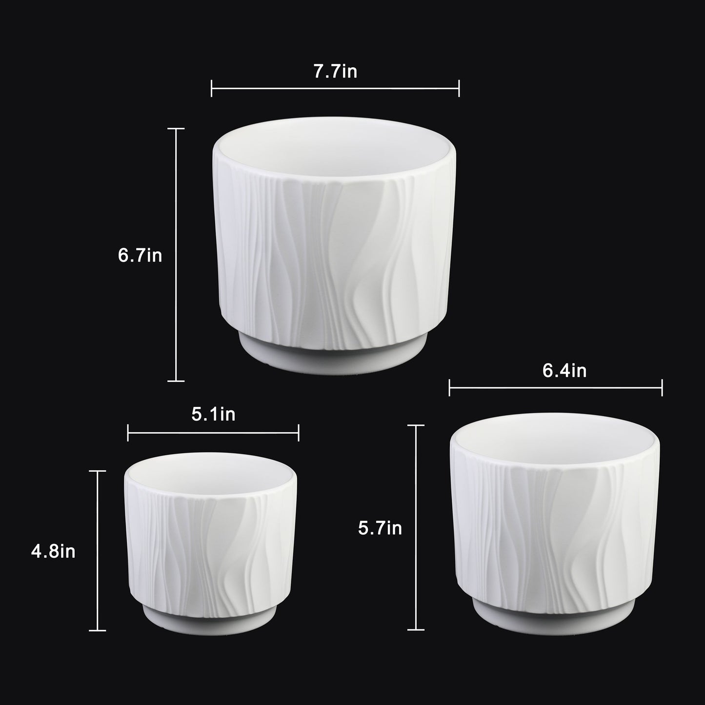 3-Piece White Stoneware Planter Pot Set with Embossed Texture