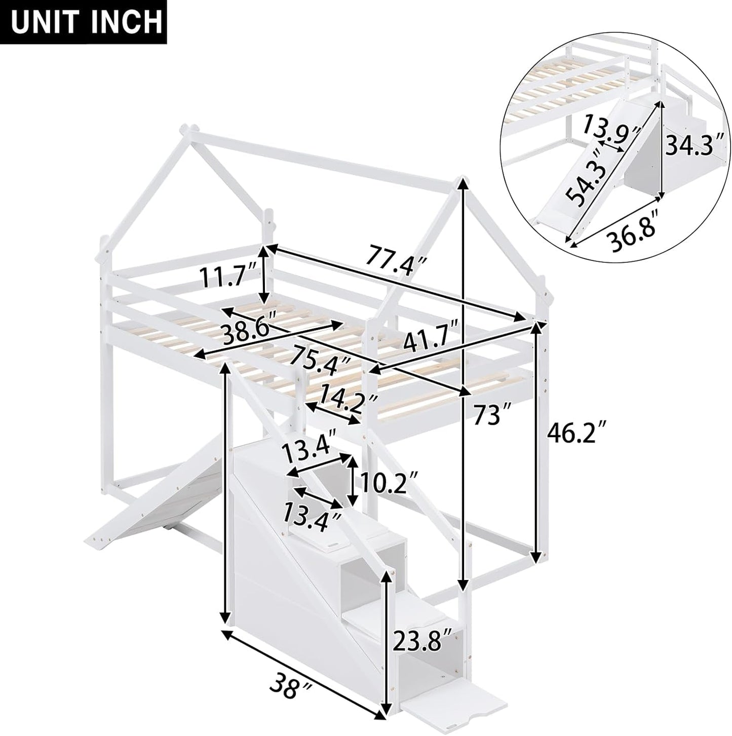 White House Twin Over Twin Bunk Bed With Slide And Stairs