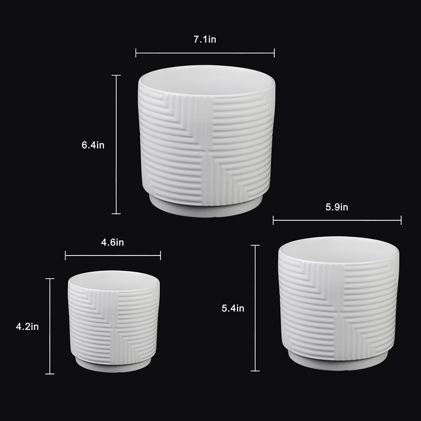 3-Piece White Stoneware Planter Set with Geometric Line Design