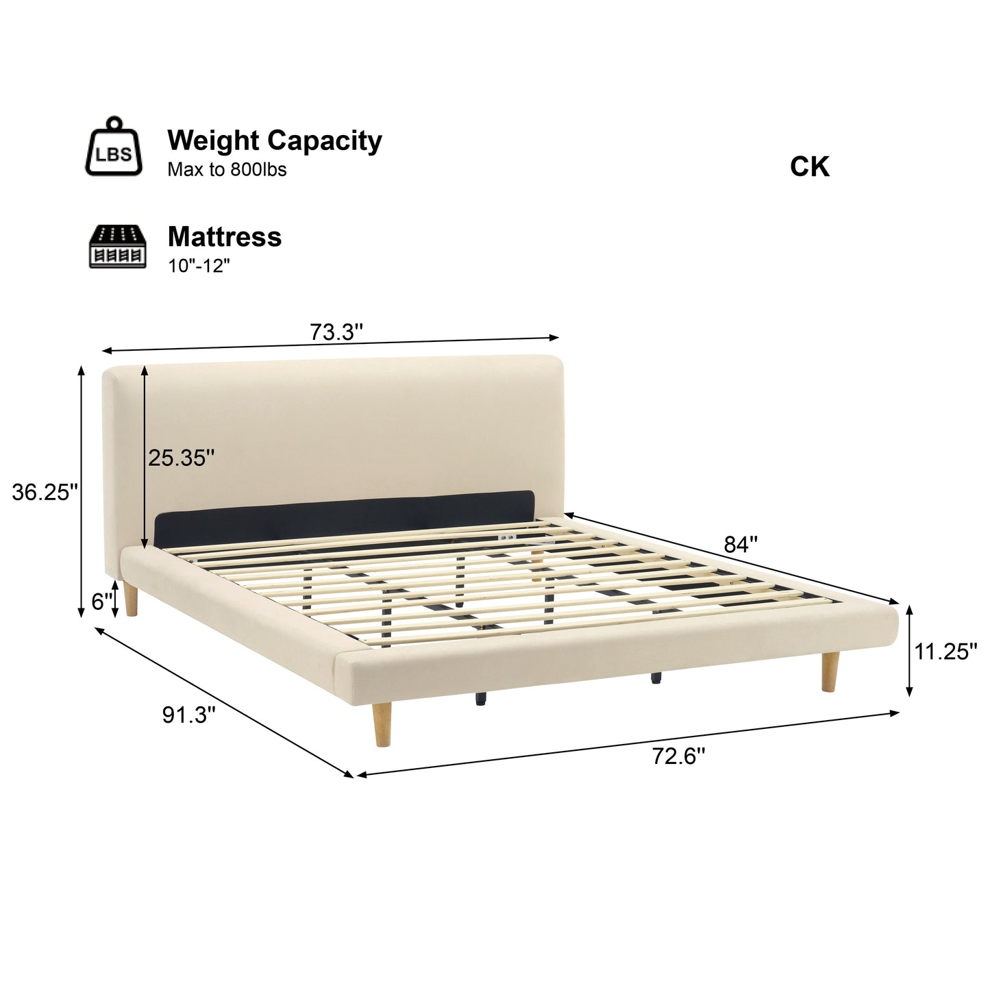Beige Chunky Headboard Bed Frame, Solid Rubberwood Legs, Cal-King