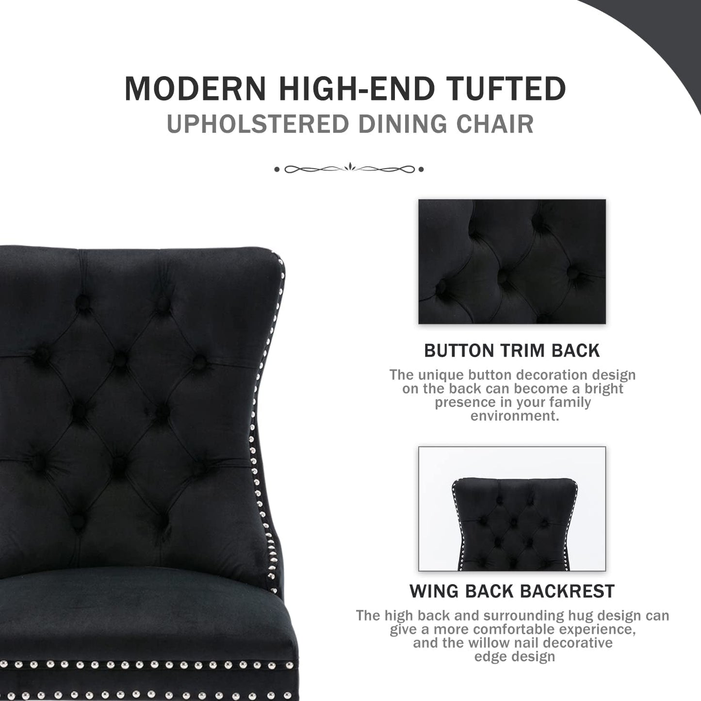 Black Velvet Dining Chair Set Of 6 With High Back Wingback