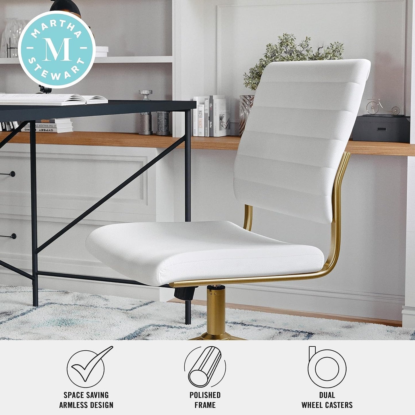 White Faux Leather Armless Swivel Chair Brass Frame