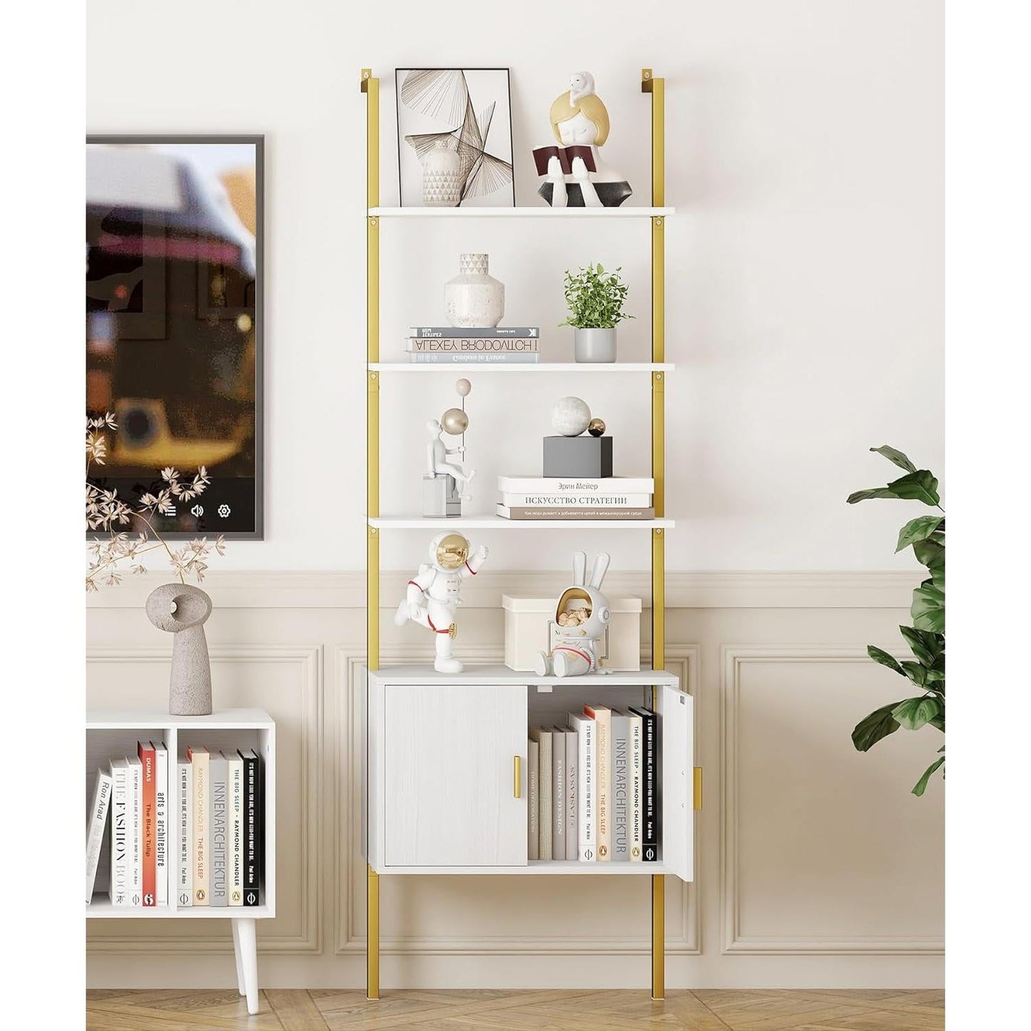73 Inch Tall Bookshelf With Cabinet Industrial Ladder Wall Shelf White Gold