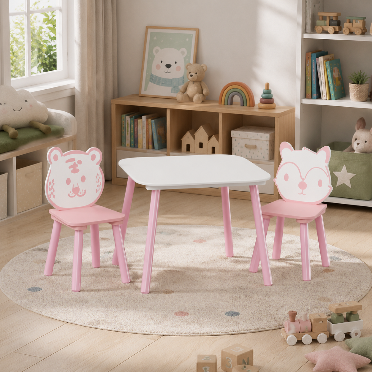Kids Table and Chair Set, 3-Piece Wooden Toddler Desk with Animal Backrest
