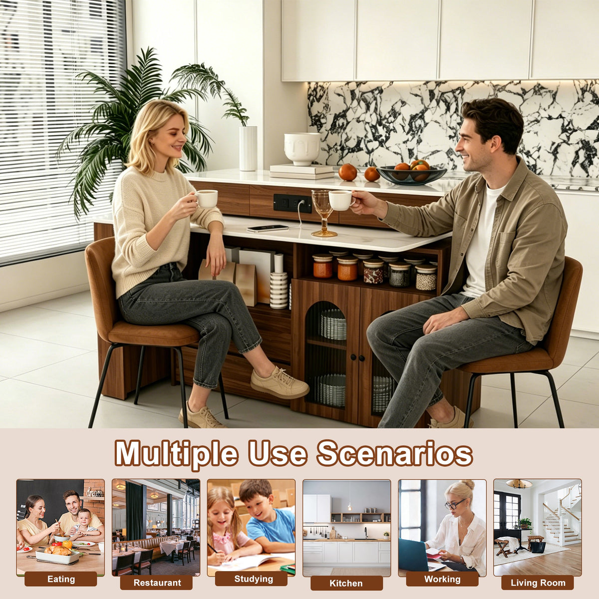 Kitchen Island with Extendable & Rotating Table