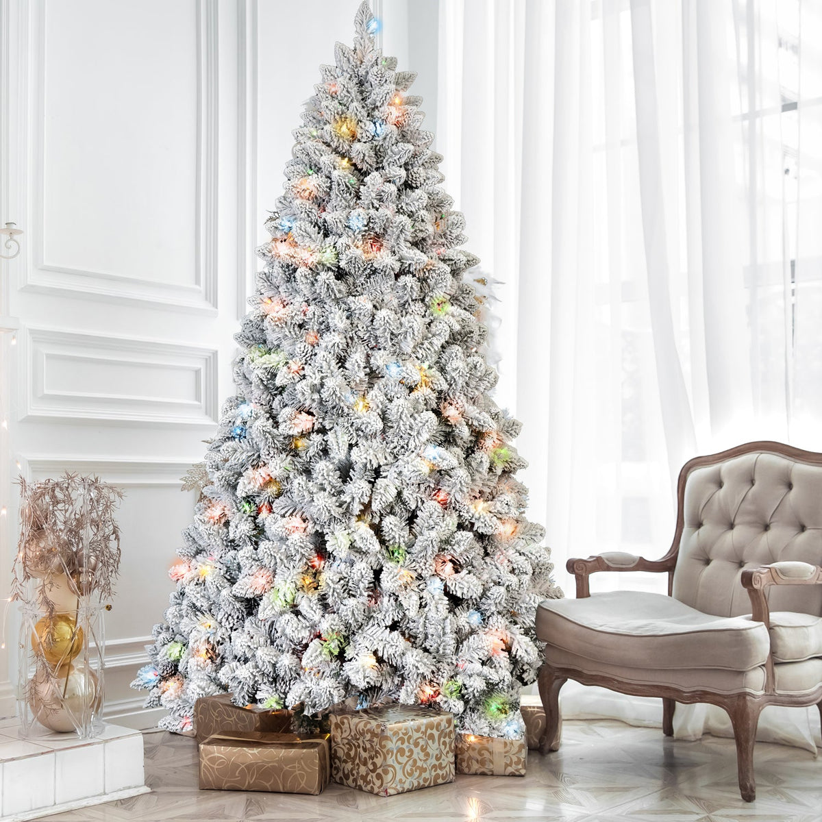 4FT Flocked Christmas Tree with 150 Colorful UL Lights and 21 Pine Cones