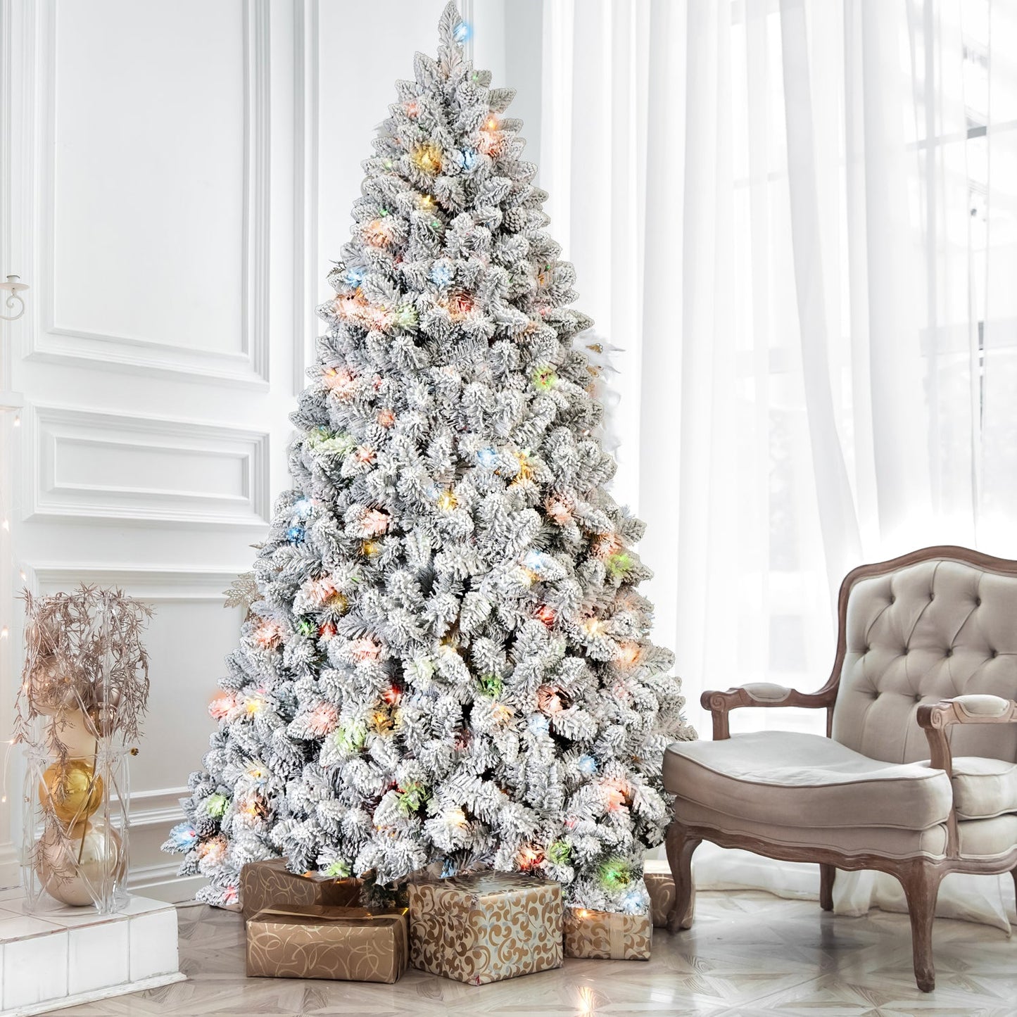 6FT Flocked Christmas Tree with 350 Colorful UL Lights and 36 Pine Cones