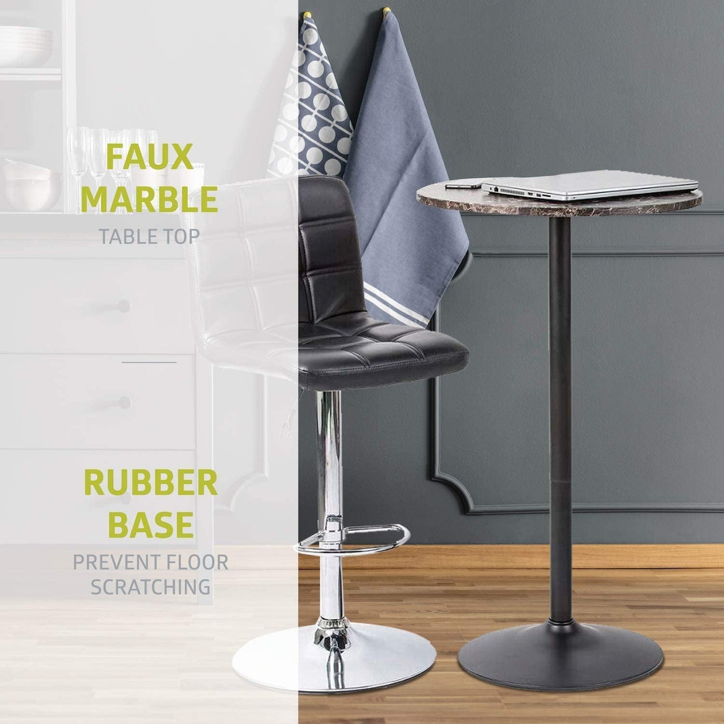 Round Pub Table With Faux Marble Top And Black Metal Base featuring a faux marble table top and rubber base.