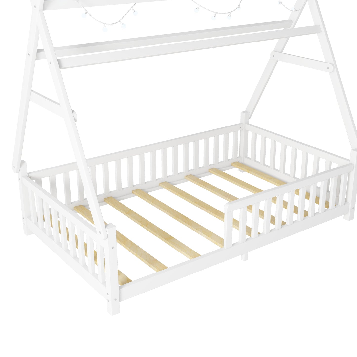 Twin House Bed with Light, Low Floor House Bed with Fence and Roof for Kids Boys Girls,White(Expect arrive date 2025/7/20)