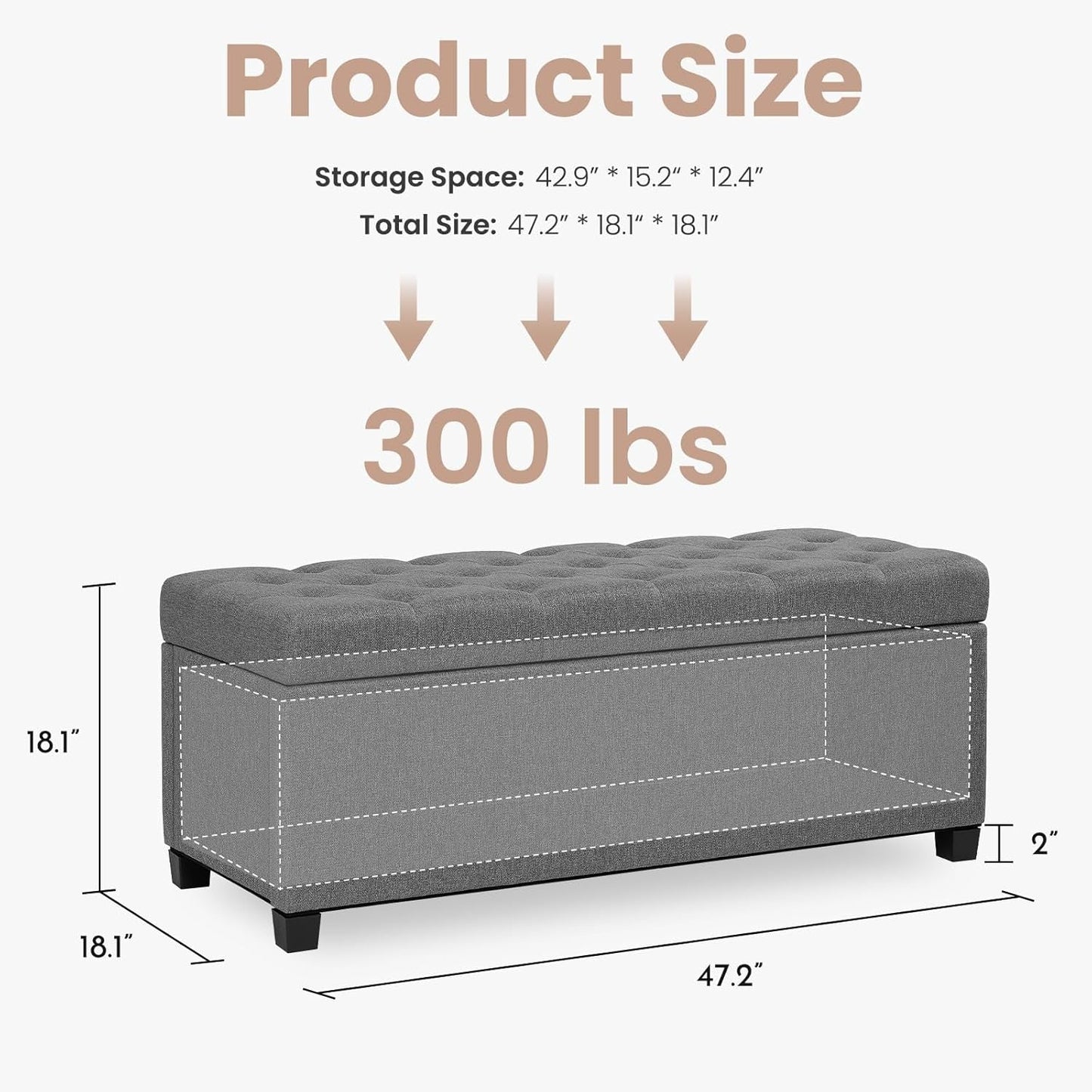 47.2 Inch Storage Ottoman Bench Light Grey Upgraded