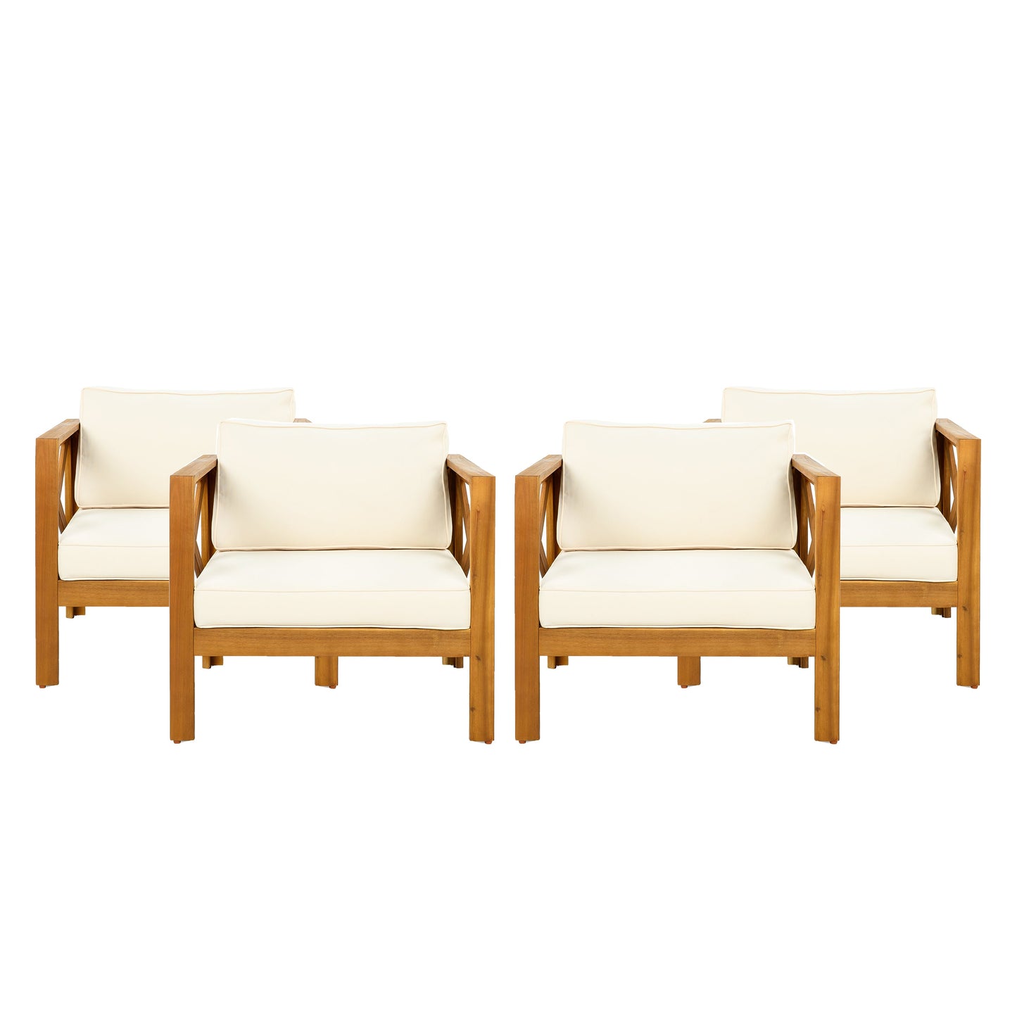 Outdoor Acacia Wood Club Wooden Armchair with Cushions (Set of 4)